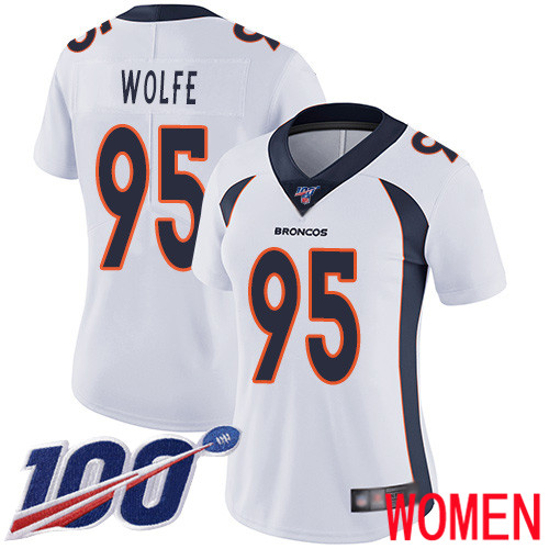 Women Denver Broncos #95 Derek Wolfe White Vapor Untouchable Limited Player 100th Season Football NFL Jersey